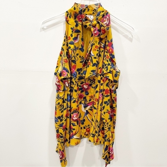 Tanya Taylor Adrienne Kimono Floral Silk Top Blouse in Marigold Cold Shoulder 2 - Picture 4 of 14